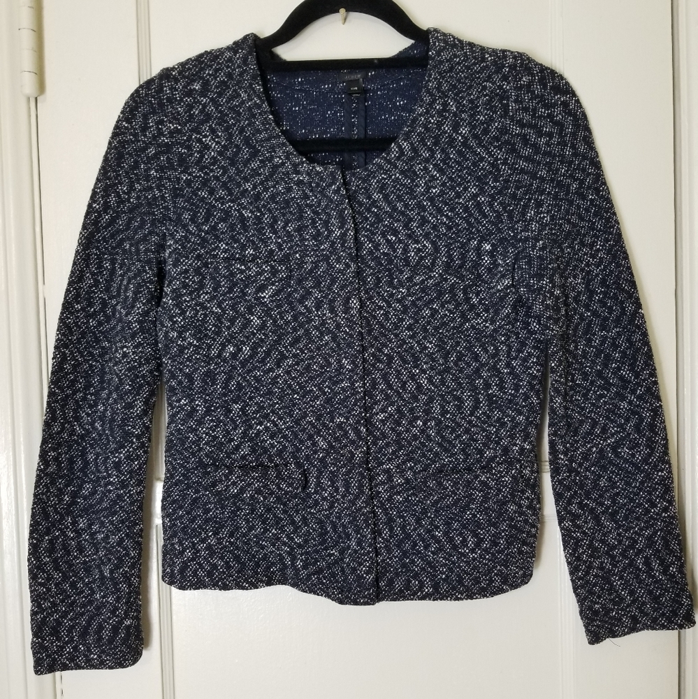 J CREW XXS black gray white stretch tweed zip up long sleeve blazer jacket
